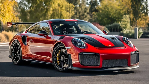 Sunlit red supercar poised for an easygoing city escape.