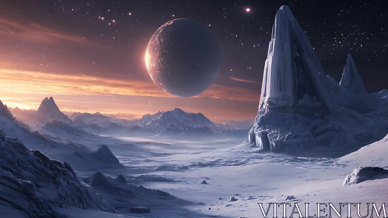 Cryogenic exoplanet plain under eclipsed ringed gas giant.