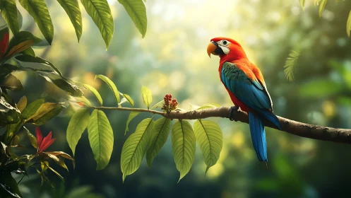Vibrant Scarlet Macaw on Branch in Sunlit Tropical Forest Scene.