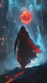 Cloaked figure faces burning red sphere above neon city