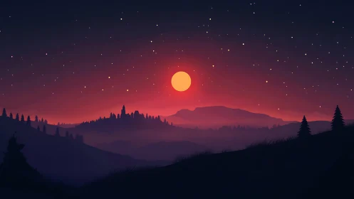 Crimson moon floats above hushed pine valleys and distant peaks