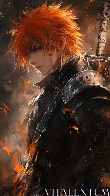 Firelit anime swordsman in black battle armor broods.