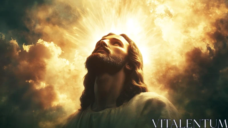 Radiant bearded figure gazes heavenward through glowing clouds