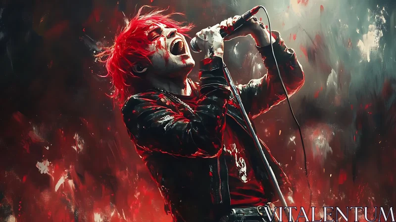 Flame-haired rock singer ignites a storm of crimson sound.