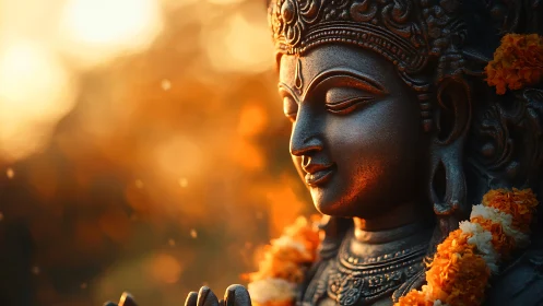 Gentle deity statue glows softly in warm evening light
