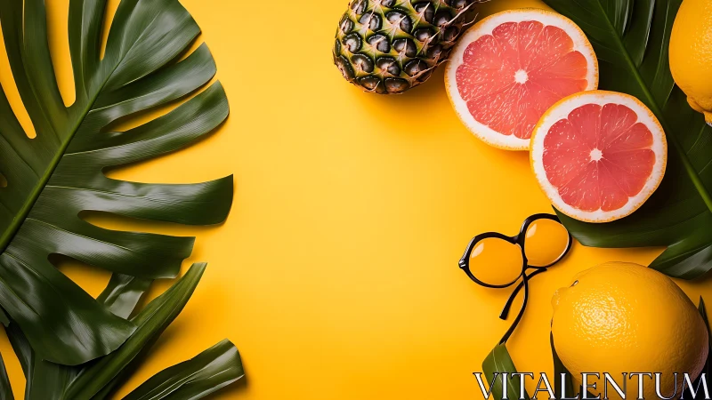 Tropical citrus layout with glasses on vivid yellow backdrop.
