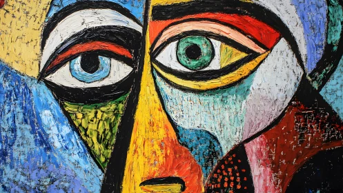 Abstract cubist portrait with bold colors and expressive brushwork.