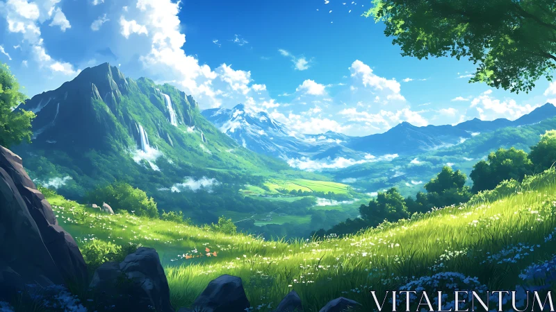Sunlit mountain valley landscape shows waterfalls and meadows