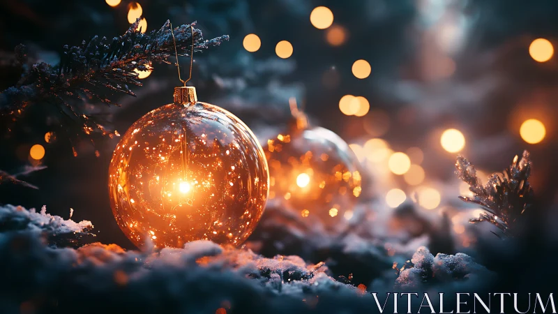 Snow-kissed baubles cradle warm starlight in dusk-bloomed pine.