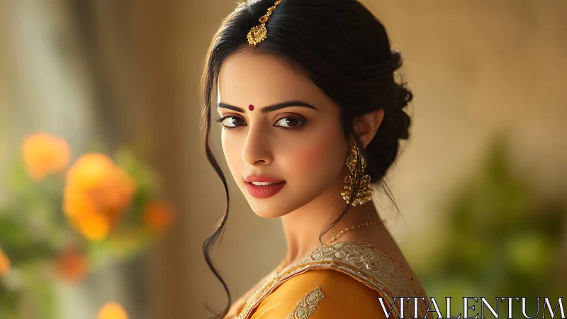 Elegant Indian woman in golden saree under soft daylight