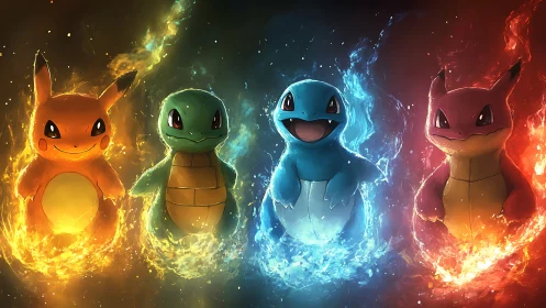 Elemental quadrupole of chibi creatures in luminous plasma halos.