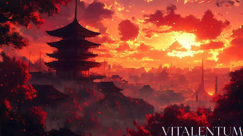 Fiery sunset bathes a futuristic Japanese city in crimson light