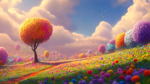 Dreamy rainbow meadow invites a gentle, colorful wander
