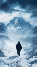 Solitary figure walking along snow-covered mountain path.