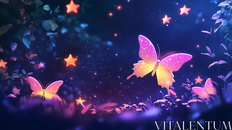 Bioluminescent butterflies drift through a luminous night glade