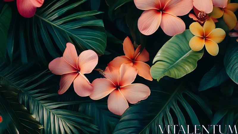 Tropical Hibiscus Blooms Against Deep Botanical Foliage Backdrop
