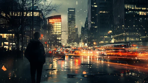 Lone figure watching rainy city traffic at night.
