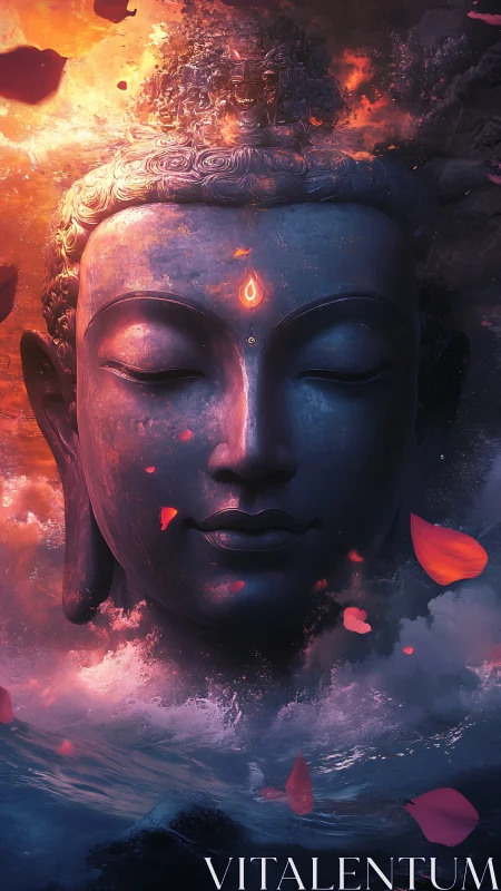 Serene Buddha visage emerges through firelit storm clouds.