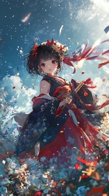 Anime girl in floral kimono holding sword under bright sky.