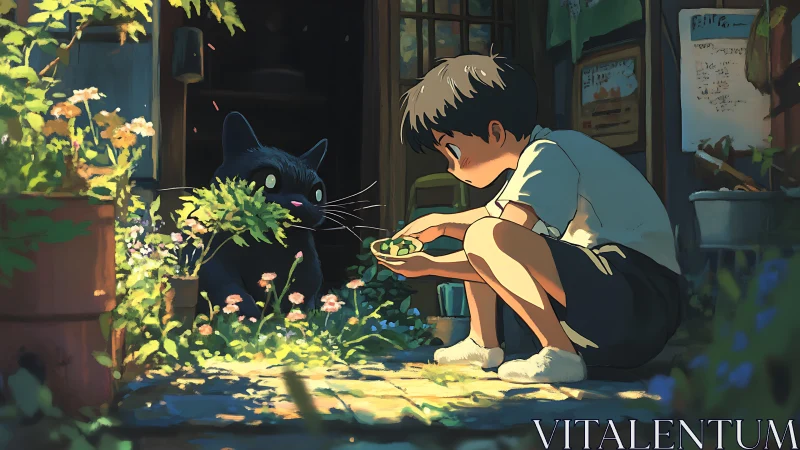 Boy crouches in sunlit garden path watching black cat closely