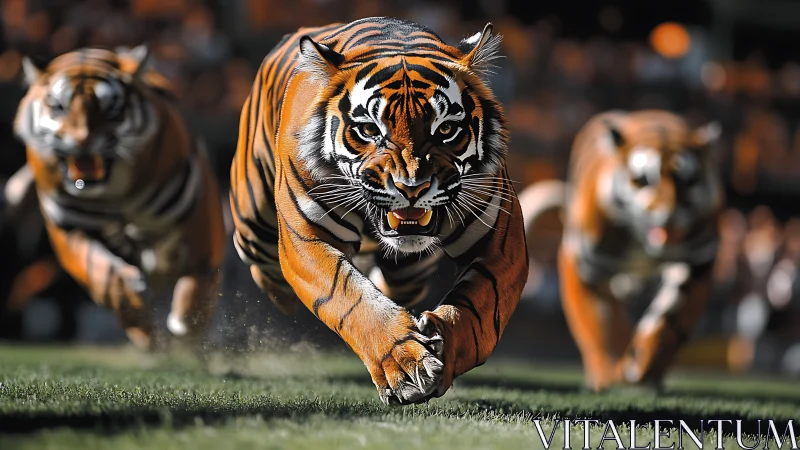 Three tigers sprinting forward on grass field in focus.