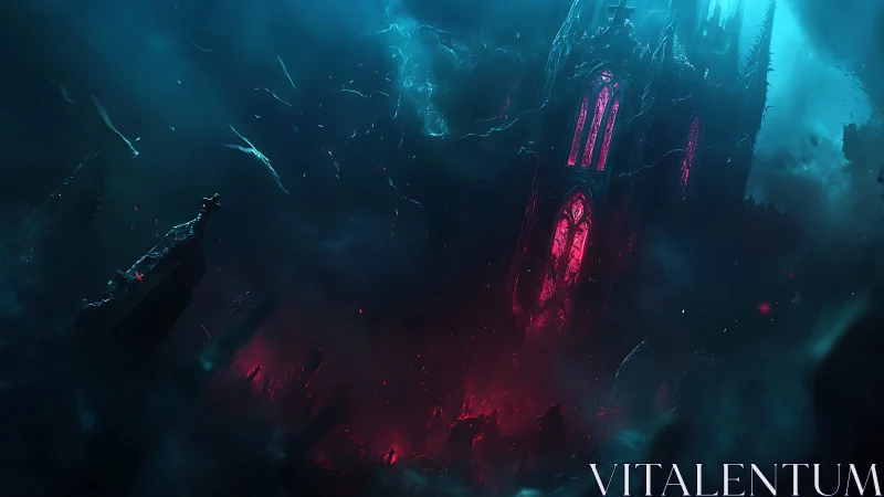 Haunted cathedral drifts in neon mist above a cursed realm