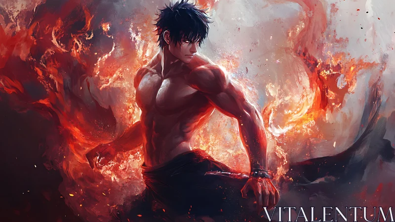 Shirtless male figure stands amid stylized swirling flames