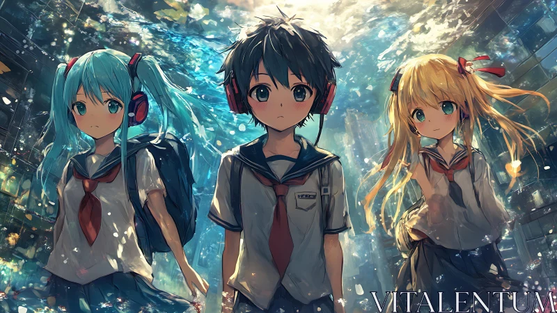 Submerged cityscape with three anime students in refracted light.