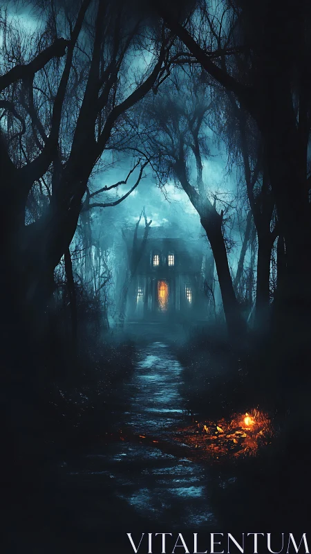 Narrow fogged forest path leads to backlit house with eerie glow
