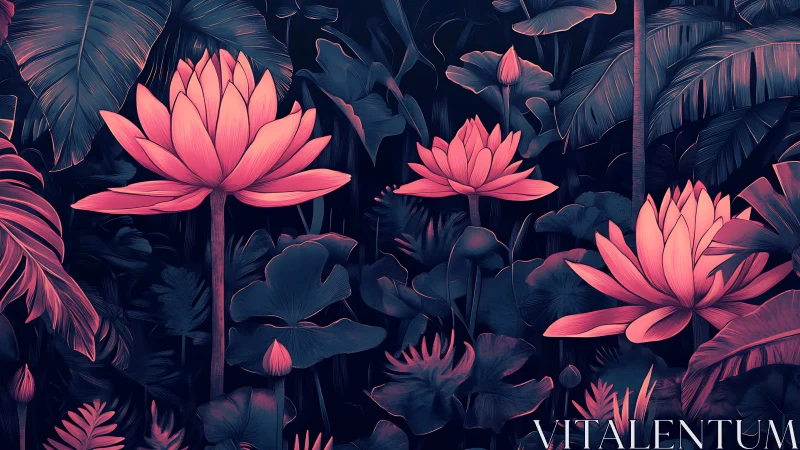 Neon lotus chorus glows softly in a midnight jungle garden.