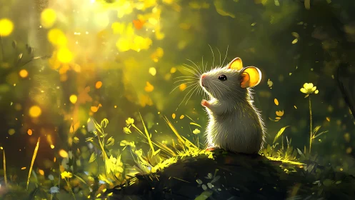 Backlit forest mouse in volumetric bokeh field illumination.