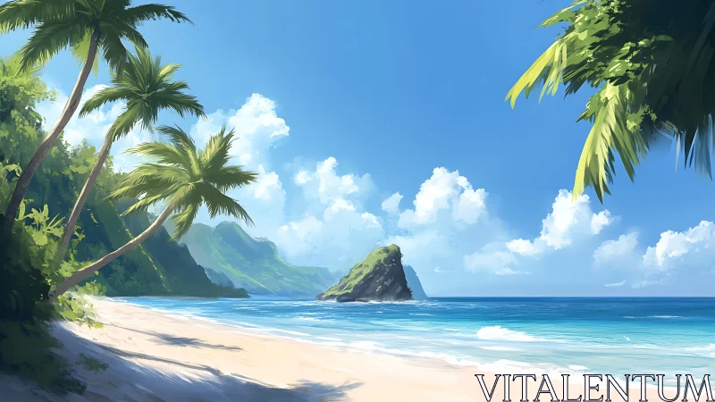 Tropical Coastal Paradise with Palm Trees and Rock Formation.