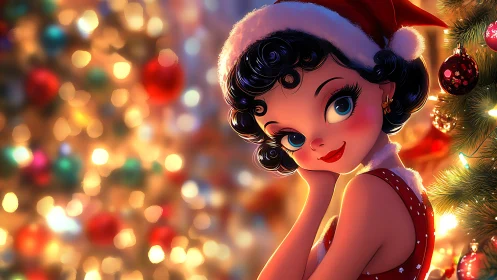 Santa hat girl smiles beside glowing Christmas tree lights