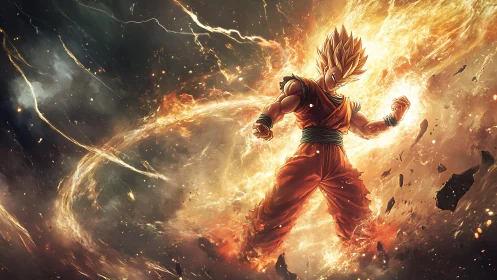 Blazing warrior stands in swirling cosmic firestorm of power