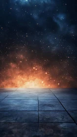 Stone platform extends toward glowing nebula under stars