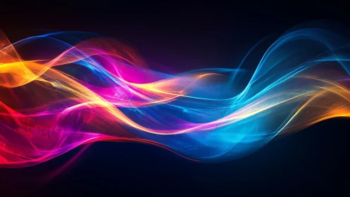 Chromatic light waves intertwine across dark gradient field.