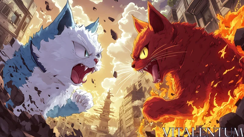 Two Mighty Cats Clash in Epic Urban Battle.