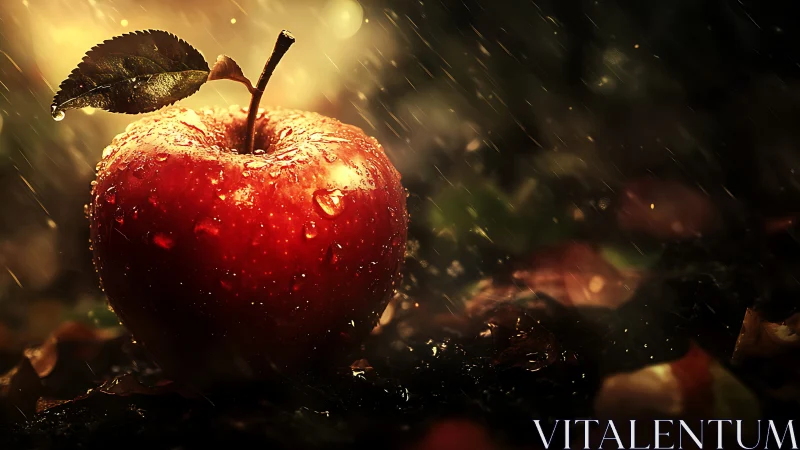 Rain-kissed crimson apple glowing in a stormlit hush.