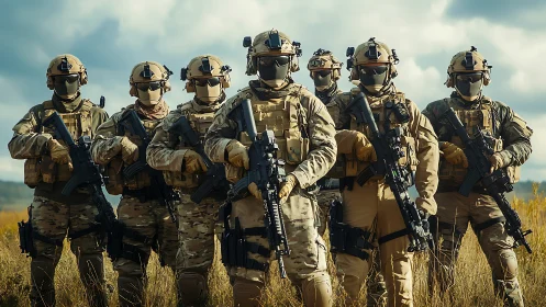Modern tactical soldiers in full combat gear outdoors.