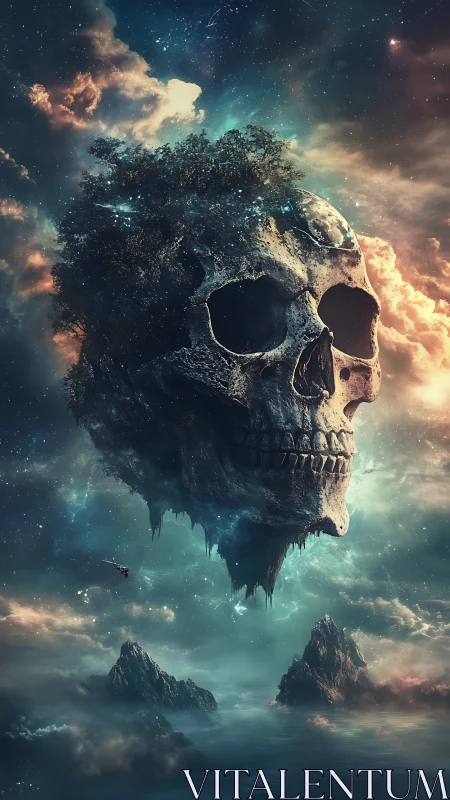 Colossal skull island drifts through luminous cosmic sky.