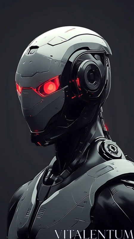 Sleek futuristic android stands poised with glowing red gaze