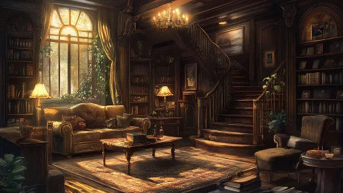 Cozy sunlit library lounge with warm wooden staircase glow.