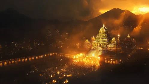 Luminescent mountain temple complex under pyroclastic sunset.