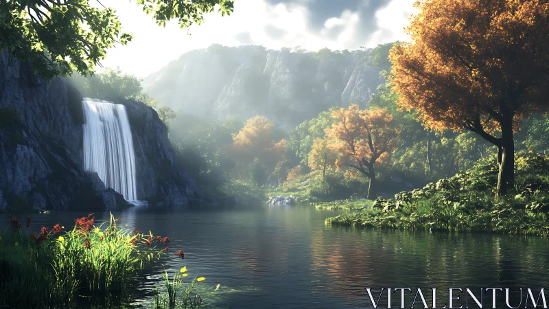 Sunlit waterfall descends beside autumn forest lake