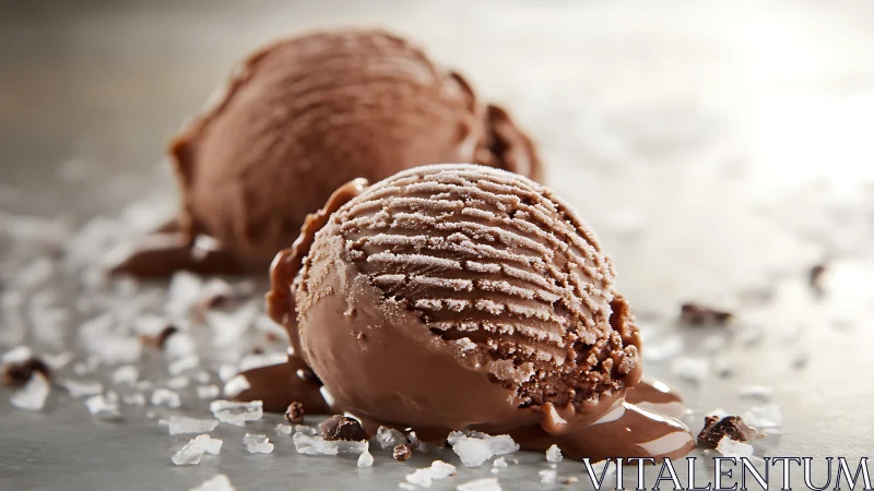 Chocolate ice cream scoops on reflective surface with salt.