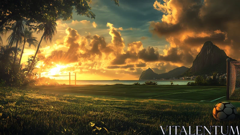 Sunlit tropical soccer field overlooks dramatic coastal mountains