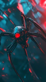 Cybernetic spider drone scans neon battlefield horizon
