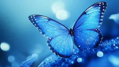 Blue butterfly on dewy surface in soft bokeh lighting.