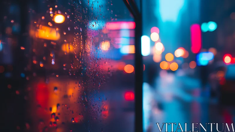 Rain-speckled window framing neon city bokeh glow at night.