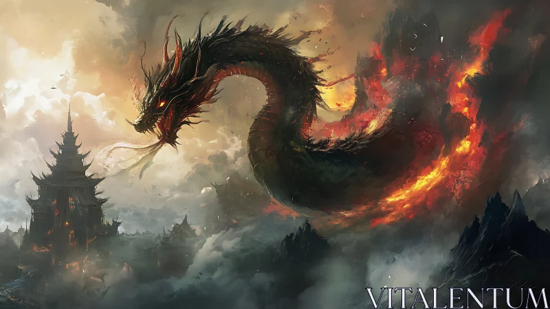 Infernal dragon storms burning temple over shattered peaks.